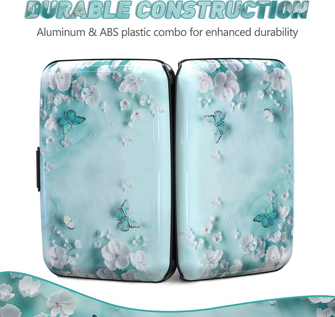 Credit Card Holder, Mini RFID Small Aluminum Card Wallet Business Card Case | Blocking Slim Metal RFID Blocking Front Pocket Wallet Hard Case Durable CC Holder for Women Girls, Green Teal Butterfly