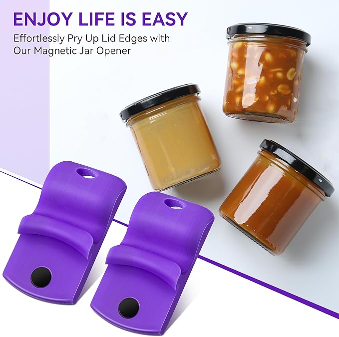 2 Pack Canning Jar Opener with Magnets, Mason Jar Opener For Canning Lids, Regular and Wide Mouth Lids, Powerful Magnet for Easy Refrigerator Storage, Releases Vacuum Seal– Patent Pending(Purple)