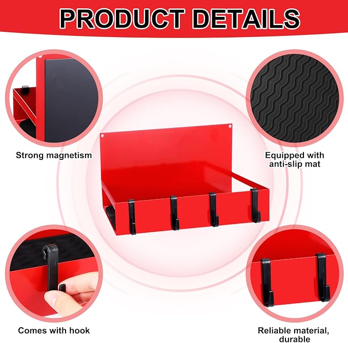 Lineshading 3 Pack Magnetic Garage Organizer Spice Rack for Refrigerator - 20 lb Capacity Shelf Hanging Heavy Duty Fridge Side for Organize Garage Tools, Red