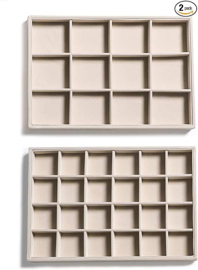 Frebeauty Jewelry Trays for Drawer,Set of 2 Jewelry Organizer and Storage | Velvet Material,Stackable,Adjustable Dividers,Drawer Inserts for Rings Studs Bracelet,Earring Organizer for Women Girls
