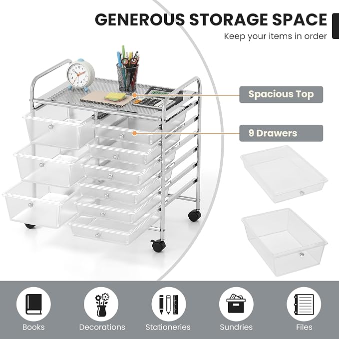 COSTWAY Rolling Storage Cart with 9 Drawer, Utility Cart with Metal Frame | Mobile Art Supply Craft Organizer, Multipurpose Storage Organizer for Paper, Office, School Teacher, Classroom, Transparent