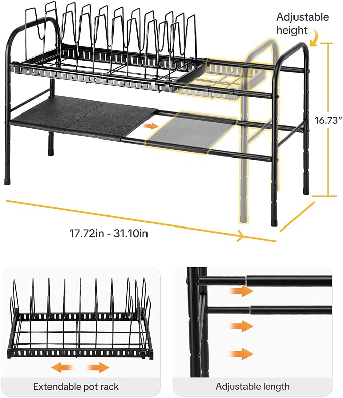 HULISEN Pots and Pans Organizer Under Cabinet, Expandable 2-Tier Pots and Pans Lid Storage Rack Holder with 10 Dividers, Adjustable Height Under Sink Organizer, Maximize Kitchen Storage Space