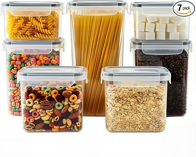 Airtight Food Storage Containers with Lids, 7 PCS BPA Free Kitchen Canisters for Spaghetti, Pasta, Dry Food, Flour and Sugar, Plastic Canisters for Pantry Organization and Storage