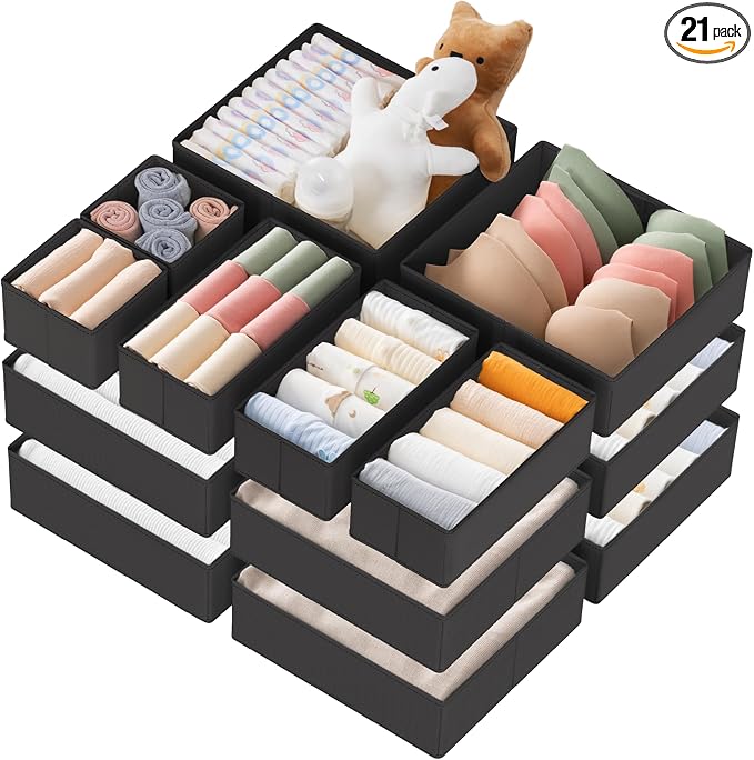Criusia Drawer Organizer Clothes, 21 Pack Dresser Organizer for Baby Clothes, Underwear, Sock - Foldable Closet Organization and Storage Dividers Bins for Nursery, Bedroom (Black)