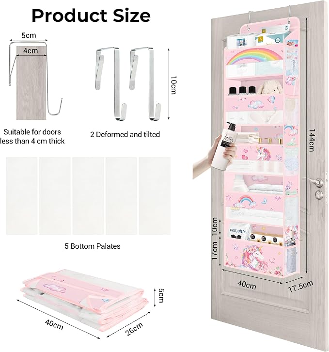 Clastyle Over the Door Organizer Diaper Toy Nursery Hanging Shelf, Unicorn | Pink Rainbow, 5-Tier Clear Window Mesh Pocket 44 lbs Weight Capacity, Behind Door Storage, Bedroom Bathroom Closet Pantry