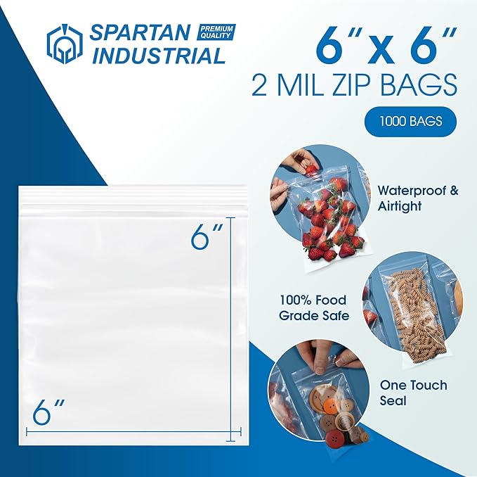 Spartan Industrial - 6” X 6” (1000 Count) 2 Mil Clear Reclosable Zip Plastic Poly Bags with Resealable Lock Seal Zipper