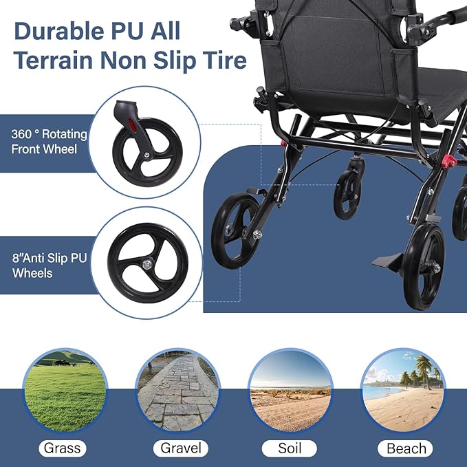 Lightweight Foldable Transport Wheelchair for Adults, 18.1” Extra Wide Seat (Upgraded from 15”), 300 lb Capacity, Easy Folding, Travel-Friendly Design