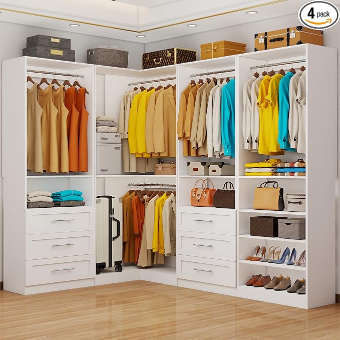 Closet System with 6 Drawers, Corner Closet Organizer System with 9 Rods & Shelves Walk in Wooden Modular Closet Storage System L-Shaped U -Shaped Freestanding 4 Sets, 2500+ Lbs Capacity White