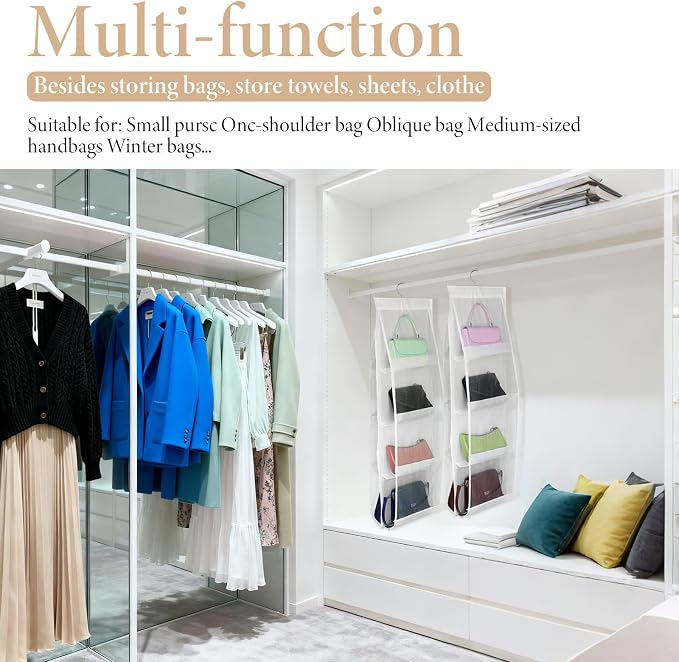 4 Pack Hanging Handbag Purse Organizer for Closet, 8 Pockets Space Saving Purse Storage Organizers Handbag Organizer Holder with Thicken Metal Hooks for Women Wardrobe(White, 41” x 13.8”)