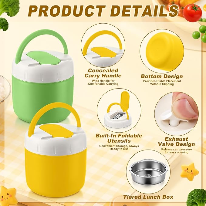 2 Pack 40 oz Insulated Food Jar with 2 Compartments, Stainless Steel Double Wall Vacuum Lunch Box Keep Hot & Cold, Leak-Proof Wide Mouth Soup Container with Spoon & Bag (Green,Yellow)