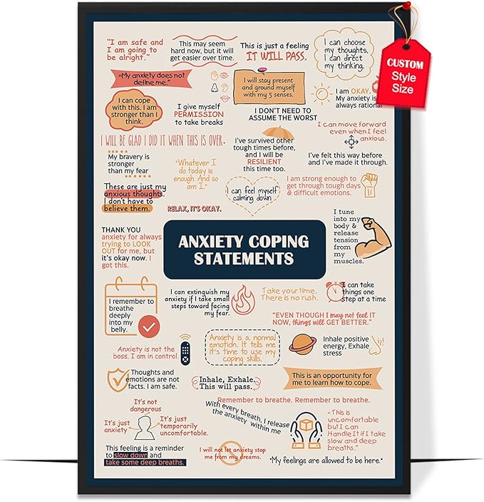 LOLUIS Mental Health Poster, Therapy Educational Supplies Art Print Classroom School Office Decor (Anxiety Coping Statements, Custom Frame Type)