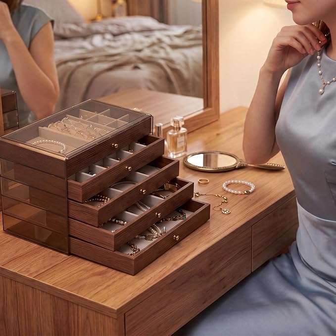 Greenfeather Jewelry Box Organizer with 5 Drawers, Jewelry Organizers and Storage with Acrylic Lid Vintage Jewelry Drawer Organizer Earrings Rings Necklace Bracelets Gift Idea for Women and Girls