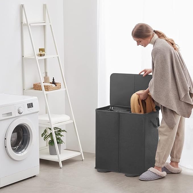 Lifewit Double Laundry Hamper with Lid and Removable Laundry Bags, Large Collapsible 2 Dividers Dirty Clothes Basket with Handles for Bedroom Laundry Room Closet Bathroom College, 155L Black