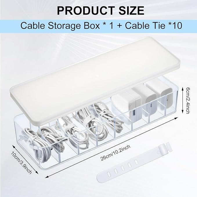 Tatuo 1 Pcs Cord Organizer for Drawer Desktop, Cable Organizer Box with 8 Compartments and Wire Ties, Plastic Charger Storage with Lid, Electronics Case for Home Office Accessories (Small,Clear,White)