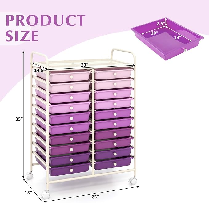 LDAILY 20-Drawer Rolling Storage Cart, Rolling Storage Cart, Storage Organizer on Wheels, Metal Frame, Scrapbook Paper Tools, Suitable for Office School, Classroom (Gradient Purple, 20 Drawer)