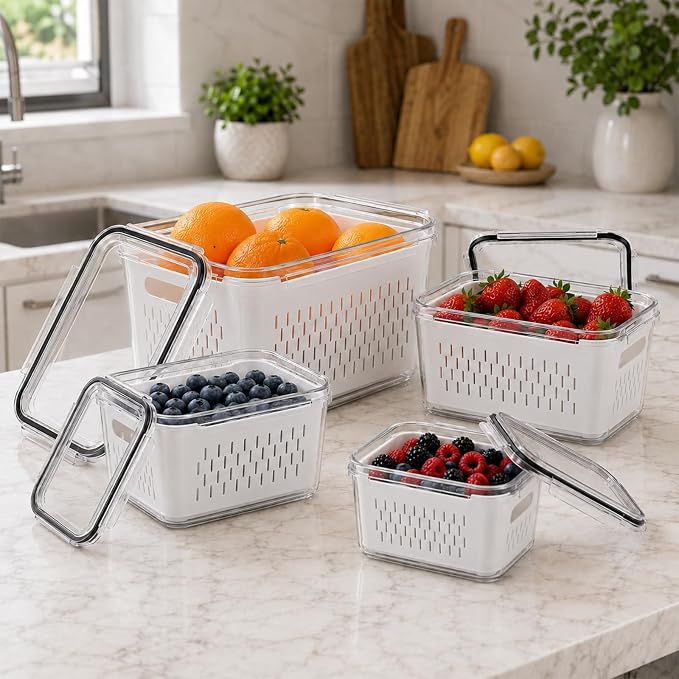 UFORU 4 Pack Fruit Storage Containers, Airtight Produce Saver for Fridge | Airtight refrigerator storage containers with removable colander and stackable design for berries, fruits and vegetables