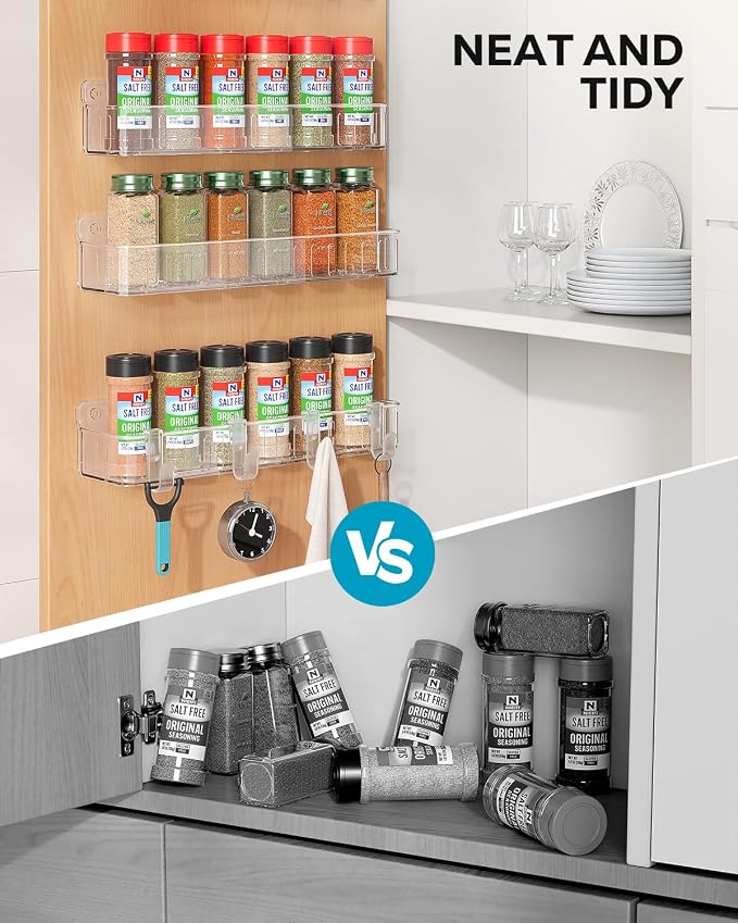 Nieifi Spice Rack Wall Mount, 4 Pack, Clear, 2 Inch Depth, Screw or Adhesive Installation, Spice Rack Organizer for Small Spice Jars, Suitable for Kitchen Cabinet or Pantry Door