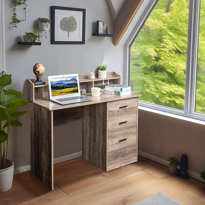 Karl home Grey Computer Desk with Drawers ＆ Hutch, Modern Home Office Desks with Storage for Kids Students Teens, Small Wood Table for Work Study Gaming Writing, PC Laptop Workstation