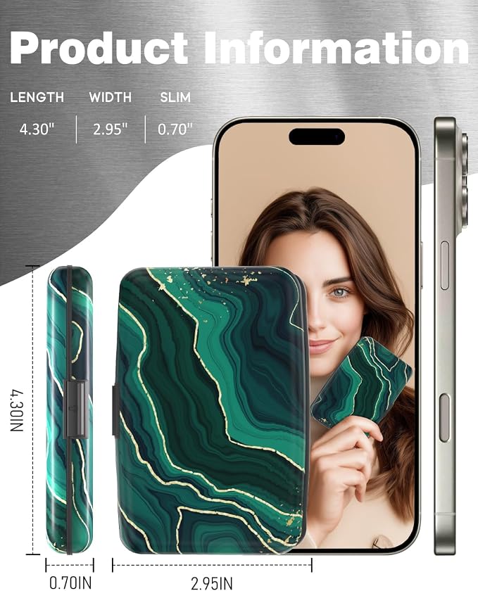 Maicican Credit Card Holder, Mini RFID Blocking Aluminum Wallet | Slim Metal Hard Case Travel Wallet ID Case for Women and Men, 4.3 x 2.9 Inches, Green Marble