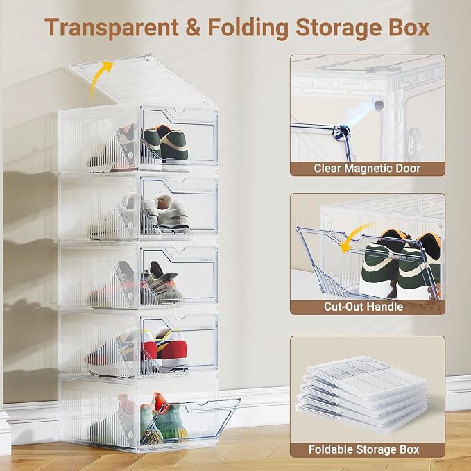 XX-Large Shoe Sneaker Storage Boxes for Size 14, Stackable & Thicken Clear Plastic Shoe Organizers 12 Packs for Entryway Closet Under Bed, Shoe Storage Cabinets Container Display Case w/ Magnetic Door