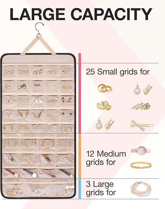 BAGSMART Hanging Jewelry Organizer Storage Roll with Hanger Metal Hooks Double-Sided Jewelry Holder for Earrings, Necklaces, Rings on Closet, Wall, Door, 1 piece, Extra Large, Black