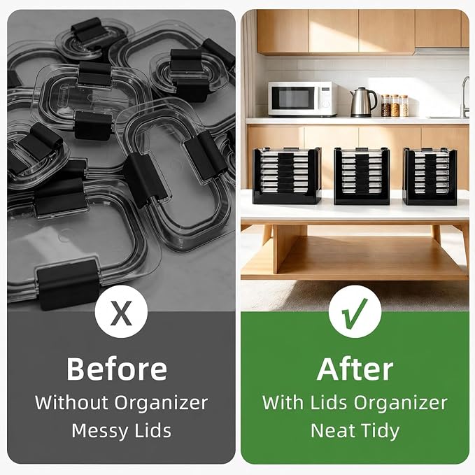 3PCS Clear Acrylic Food Container Lid Organizer for Rubbermaid Brilliance Nap-on Lids, Stackable Lid Holder Rack, Kitchen Storage Holder 4.7 Cup, 3.2 Cup, 1.3 Cup. 0.5 Cup Container，Black