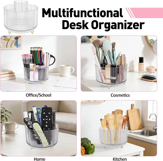 360 Rotating Pen Pencil Holder for Desk, Pen Organizer with 5 Slots, Makeup Brush Holder, Desk Organizer and Accessories, Cute Pencil Cup Caddy for Office School Home Decor Art Supply (Clear)