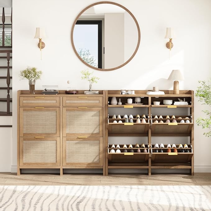 HOKYHOKY Large Rattan Shoe Storage Cabinet with 4 Flip Drawers & 2 Storages–Hidden Slim Shoe Organizer for Entryway, Large Tabletop Space, Farmhouse Boho Narrow Shoe Rack, Rustic Oak