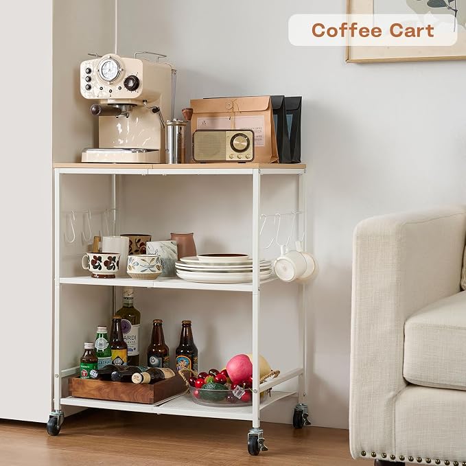 Rolling Kitchen Microwave Cart, 3 Tier Microwave Stand with Storage, Small Kitchen Island on Wheels, Wood and Mental Kitchen Shelf Rack, White Organizer for Living Room, Office, Balcony