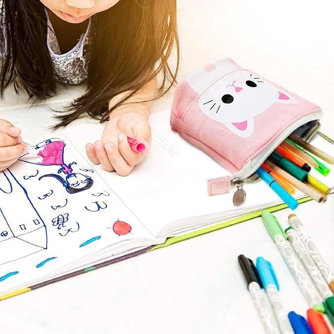 Outus 3 Pcs Standing Pencil Case Cute Stand up Pencil Pouch Telescopic Pen Holder Kawaii Stationery Pouch Makeup Cosmetics Bag for School Students Office(Gray, Black, White Cat)
