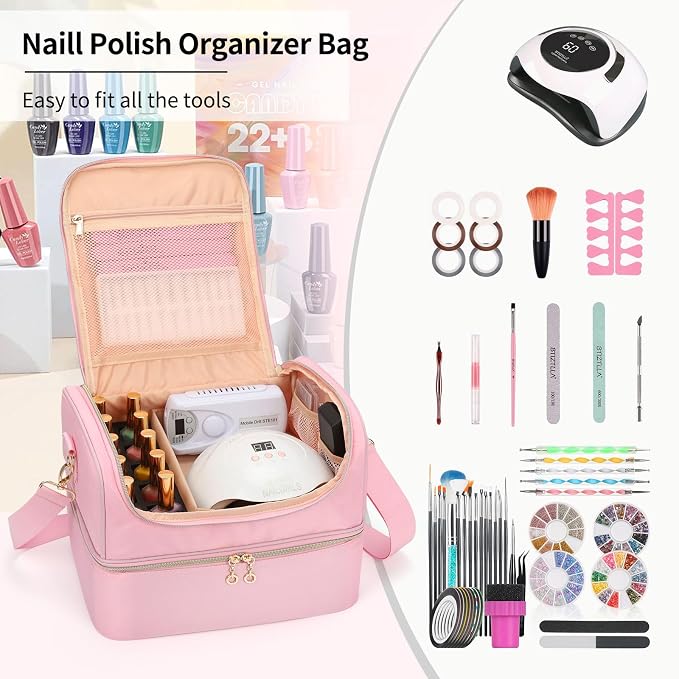 CUBETASTIC Nail Polish Organizer Case, Nail Supplies Storage Box Holds Nail Polish Bottles & Nail Lamp, Travel Nail Tech Carrying Case, Nail Kit Bag For Nail Stuff & Manicure Tools (Pink, 45 Slots)