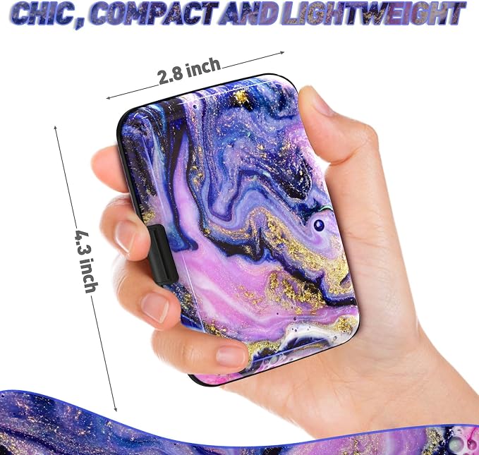 Credit Card Holder, Mini RFID Small Aluminum Card Wallet Business Card Case | Blocking Slim Metal RFID Blocking Front Pocket Wallet Hard Case CC Holder for Women Girl, Aesthetics Purple Marble