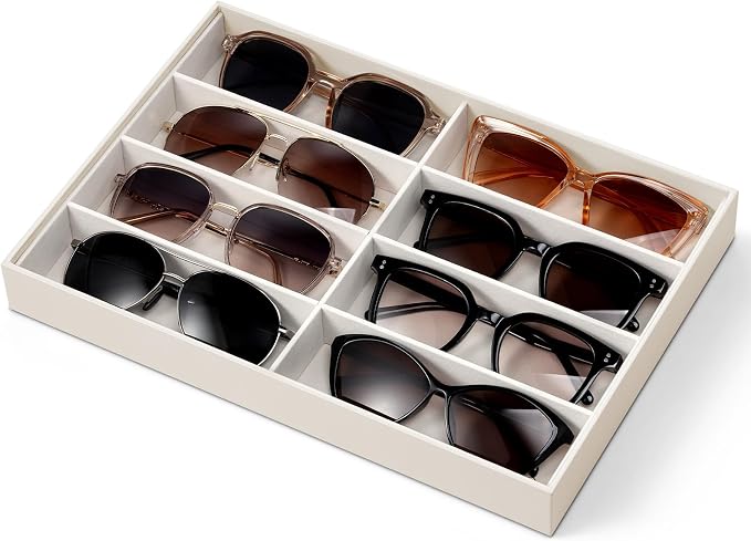 VLANDO Sunglasses Organizer,Stackable Jewelry Tray for Glasses,Beige | Removable Dividers, Soft Velvet Lining, Drawer Organizer for Glasses, Watches, Vanity Display, Gift for Women Girl