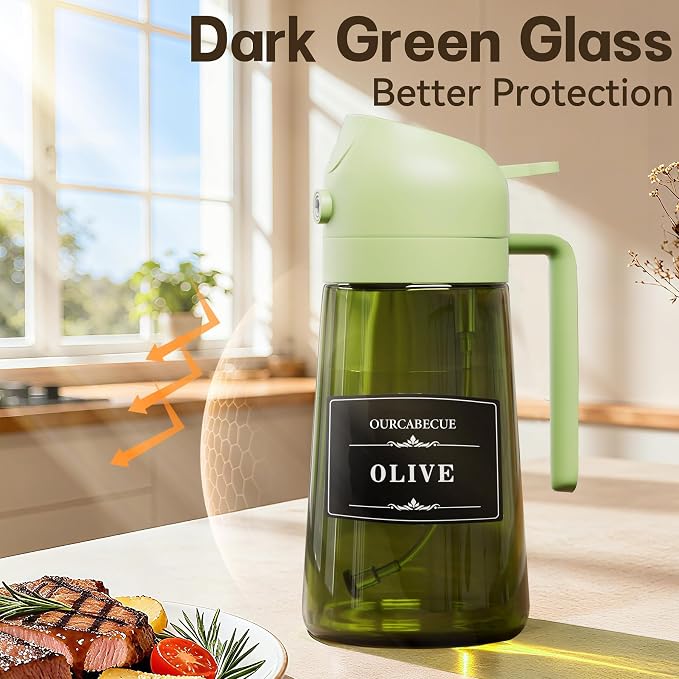 Olive Oil Sprayer & Dispenser Bottle for Cooking 16oz Dark Glass Oil Mister | 2-in-1 Oil Sprayer & Pourer, Fine mist, Light-Blocking, Wide Mouth for Easy Refill & Clean, 8 Oil Labels, Reusable