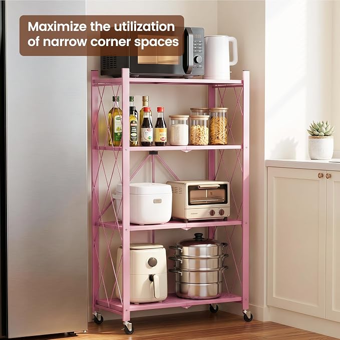 ALANNG 4 Tier Folding Storage Shelf on Wheels,Heavy Duty Metal Rolling Cart | 264 lbs Capacity, No Tools Assembly, Folds to 3.9", Lockable Casters, Portable for Kitchen Laundry Garage (Pink, 2 Pack)