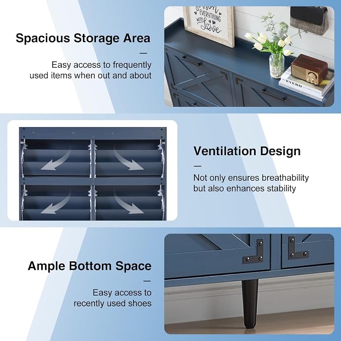 Barnyatoh Shoe Storage Cabinet,Farmhouse Shoe Organizer with 4 Flip Drawers & Barn Door Design,Freestanding Hidden Slim Narrow Shoe Rack Cabinet for Entryway,Foyer,Hallway,Navy Blue
