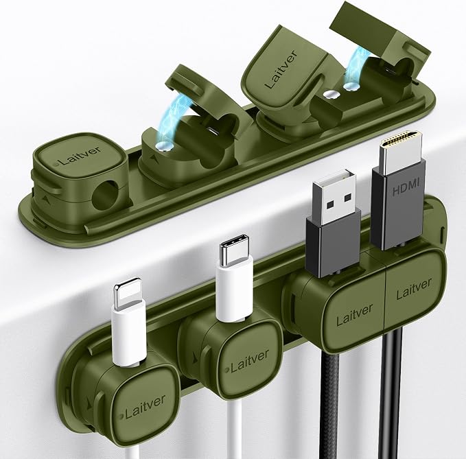 6 Pack Magnetic Cable Clips [1s Open/Lock], Cord Organizer Holder | Strong Adhesive Desk Cable Management- Organize Charging Cords Neatly for Home, Office, Car,Desk, Nightstand-Deep Green