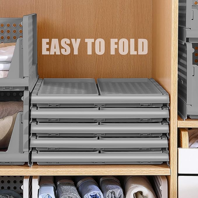 UGL Stackable Wardrobe Storage Box Organizers, Plastic Detachable Baskets Closet Containers, for Kitchen Cabinet, Pantry, Closet, Bedroom, Bathroom Organization, (Grey, 4 Set)
