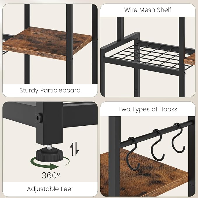 CHOEZON 5-Tier Pot Rack, Cookware Stand with Hooks, Pans Pots Organizer for Kitchen, Living Room, and Bedroom, Black TPR17BF