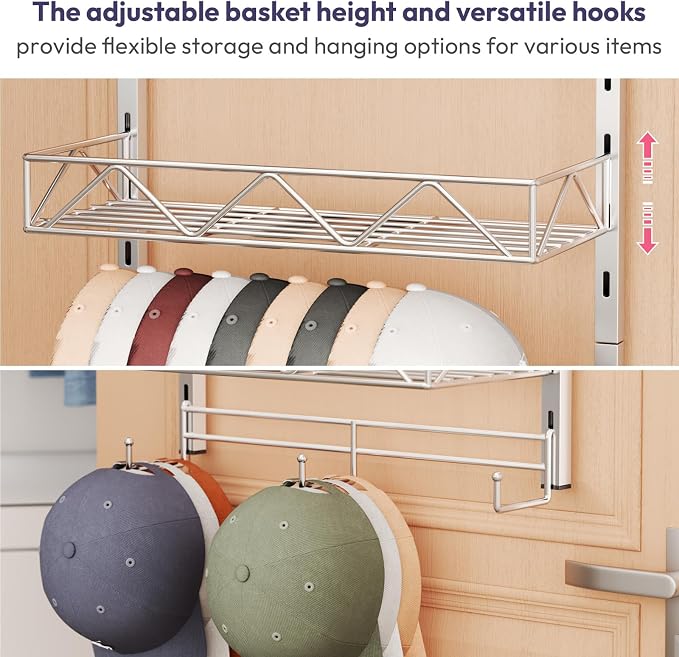 SWTYMIKI Over Door Hat Organizer - 3 Tier Wall Mounted Hat Rack with 2 Adjustable Metal Basket and 3 Hooks, Hanging Baseball Cap Organizer Storage Holds up to 29 Caps for Door, Bedroom, Closet