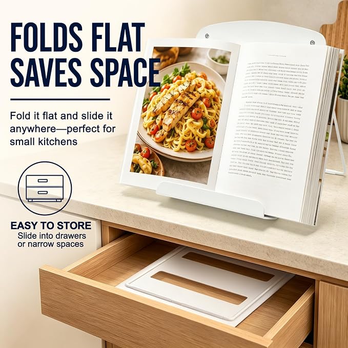 Cookbook Stand for Kitchen Counter,Metal Recipe Book Holder with Hooks,Foldable Reading Rack for Textbooks,Tablets and Magazines,Space Saving Carbon Steel Stand with Non Slip Pads,White