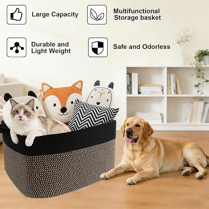 65L Collapsible Woven Rope Laundry Basket with Handles,Black/Jute | 21x16x12 Foldable Rectangular Blanket Basket for Toys, Clothes & Pillows,Ideal for Nursery, Bathroom, Bedroom, Living Room