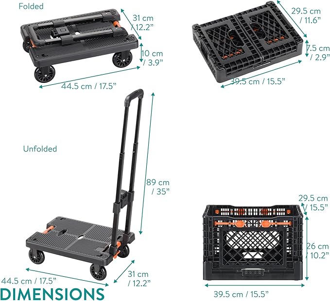 Navaris Folding Sack Truck with Transport Basket - Loadable up to 50 kg (110 lbs) - Rubber Wheels - Foldable Trolley with Tensioning Strap - Transport Trolly with Rain Cover