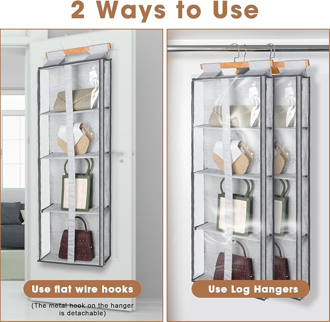 Silkfly 2 Pack Hanging Purse Organizer with Zipper for Closet Handbag Storage PVC Mesh Shelves with 4 Pockets for Bedroom Door Wardrobe Shelf Rack Space Saving(Gray)