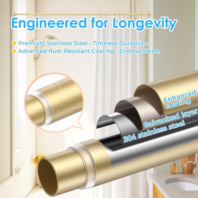 AIZESI Gold Shower Curtain Rod, Adjustable 42-74 Inch Shower Rod, 1" Diameter Tension Shower Curtain Rod No Drilling, Anti-Slip, Anti-Rust