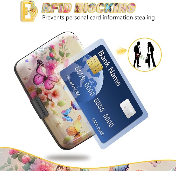 Credit Card Holder, Colorful Butterfly Mini RFID Small Aluminum Card Wallet | Blocking Slim Metal Business Card Case, RFID Blocking Front Pocket Wallet Hard Case Durable CC Holder for Women Girl