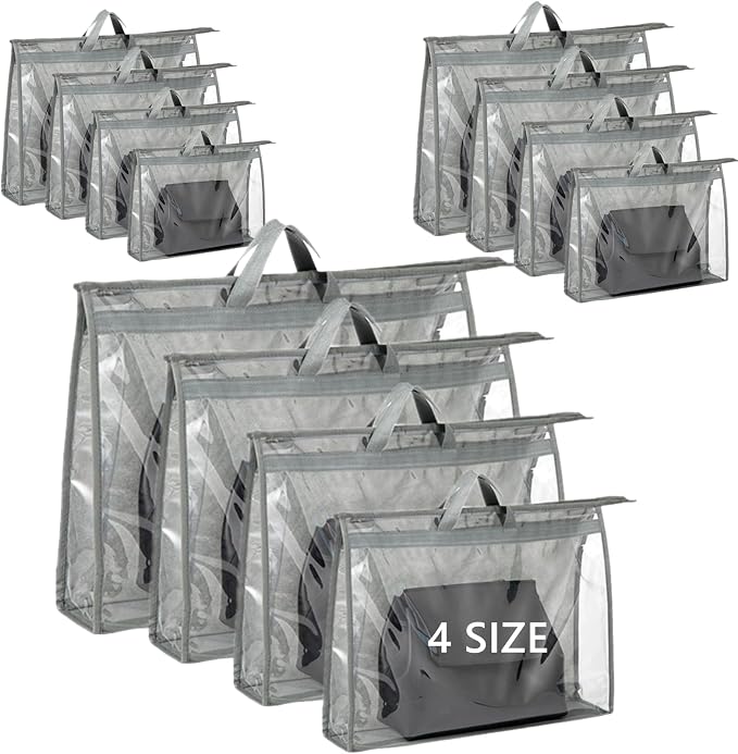 12 Packs Dust Bags for Handbag, Clear Purse Storage Organizer Bag for Closet with Zipper and Handle, 4 Size Hanging Dust Cover Bag for Purse Crafts Protector