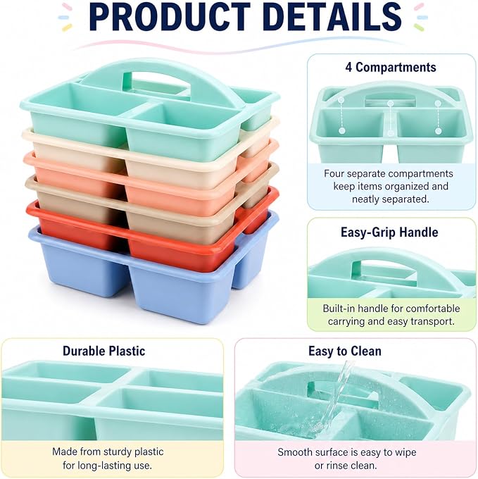 gisgfim 6 Pack Plastic Classroom Caddy with 4-Compartments Plastic Storage Caddies with Handle 4 Compartments Table Caddy Organizer Versatile Table Caddies for Classroom Office, Morandi Color