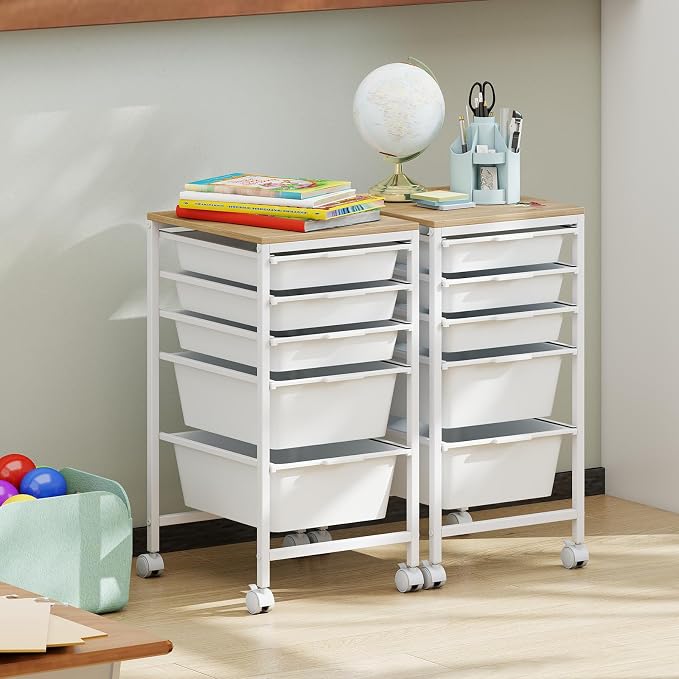 GOFLAME 5-Drawer Rolling Storage Cart, Craft Storage Cart with Wooden Tabletop and Lockable Wheels, Art Cart Supply Storage Organizer with Metal Frame for Home Office Classroom, White