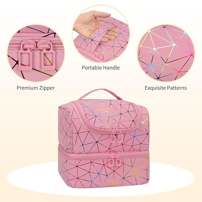 CUBETASTIC Nail Polish Organizer Bag, Double Layer Nail Tech Travel Case Holds 27 Bottles & Nail Lamp, Pink Nail Storage Organizer Box for Supplies, Portable Manicure Case
